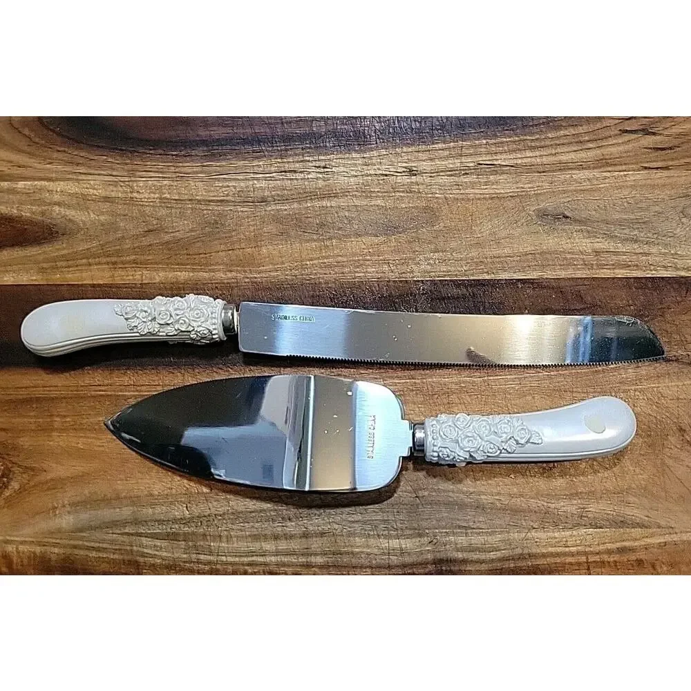 Vintage Stainless Steel Wedding Cake Server and Knife Set Rose Rhinestone